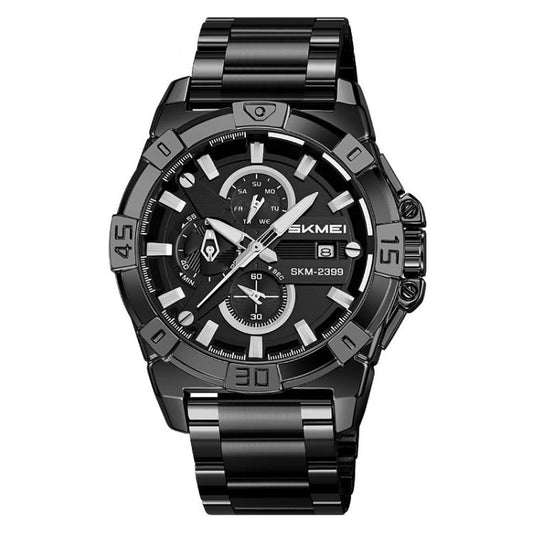 SKMEI 2399 Three-eye Six-pin Steel Band Quartz Watch Men Business Casual Watch(Black) by SKMEI