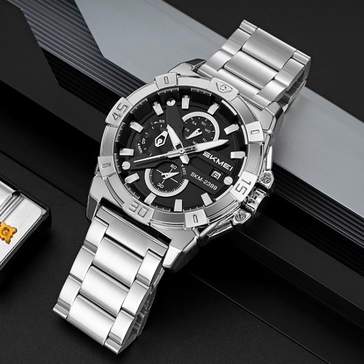 SKMEI 2399 Three-eye Six-pin Steel Band Quartz Watch Men Business Casual Watch(Gold) by SKMEI