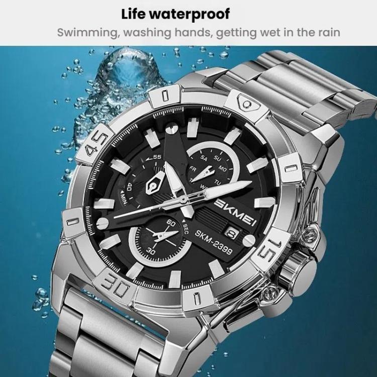 SKMEI 2399 Three-eye Six-pin Steel Band Quartz Watch Men Business Casual Watch(Silver) by SKMEI