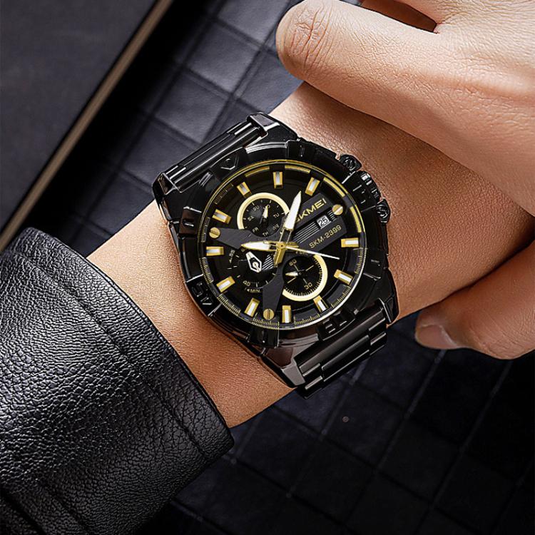 SKMEI 2399 Three-eye Six-pin Steel Band Quartz Watch Men Business Casual Watch(Black) by SKMEI