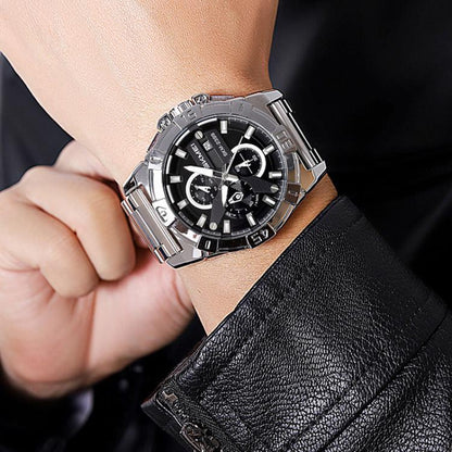 SKMEI 2399 Three-eye Six-pin Steel Band Quartz Watch Men Business Casual Watch(Black Gold) by SKMEI