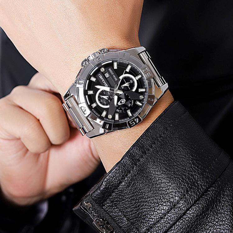 SKMEI 2399 Three-eye Six-pin Steel Band Quartz Watch Men Business Casual Watch(Black) by SKMEI