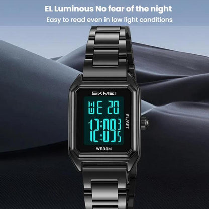 SKMEI 2493 Small Women Electronic Watch Square Steel Strap Watch, Style: Black Case White by SKMEI