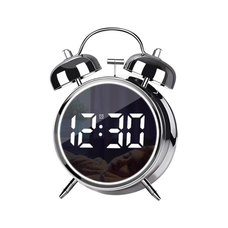 12/24H LED Screen Alarm Clock Loud Metal Clock With Night Light Plug-In Children Clock(Silver) by bashfashion