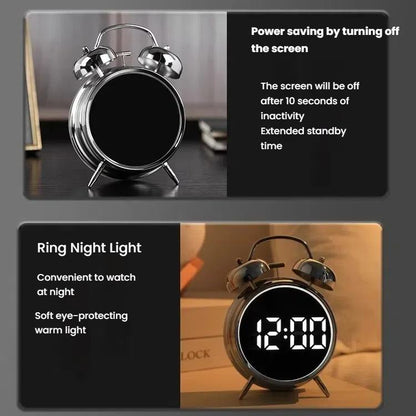 12/24H LED Screen Alarm Clock Loud Metal Clock With Night Light Plug-In Children Clock(Silver) by bashfashion