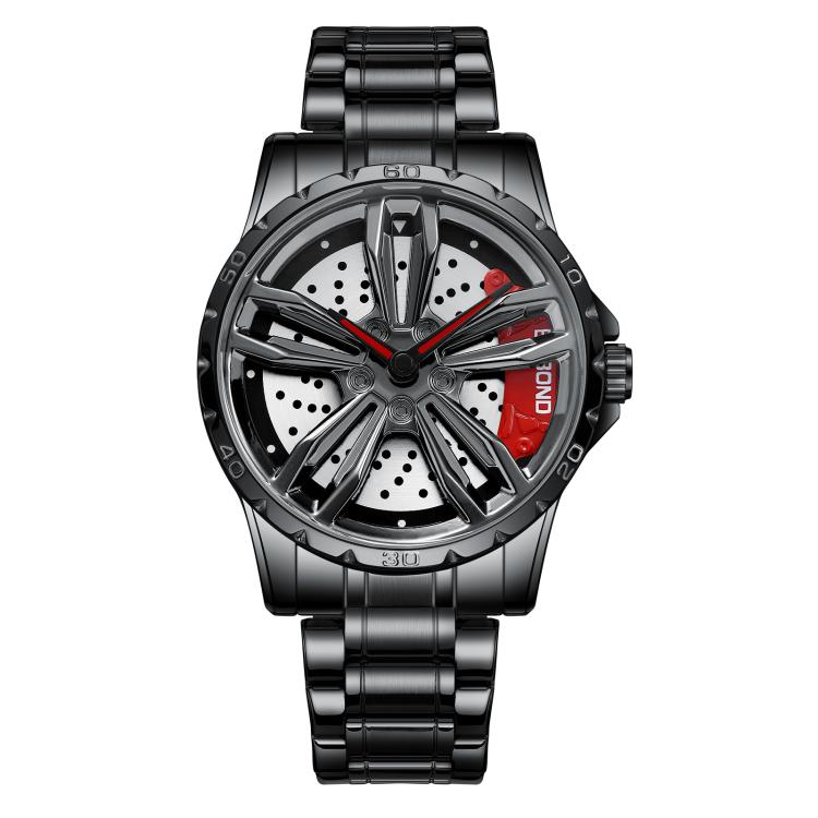 BINBOND D001 3D Hollow Motorcycle Rotating Wheel Watch, Color: Black Steel-Red by BINBOND