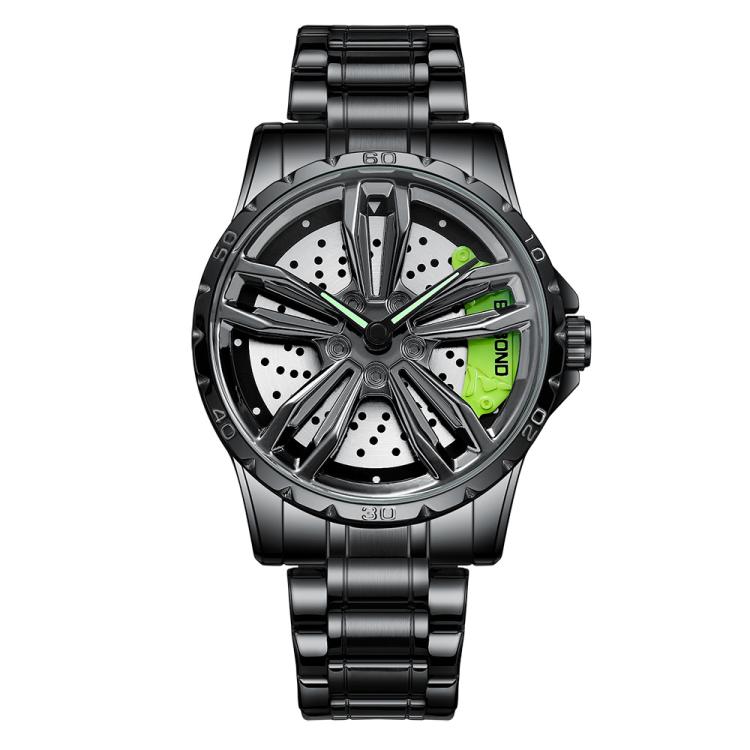 BINBOND D001 3D Hollow Motorcycle Rotating Wheel Watch, Color: Black Steel-Green by BINBOND