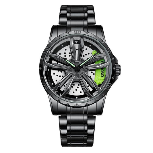 BINBOND D001 3D Hollow Motorcycle Rotating Wheel Watch, Color: Black Steel-Green by BINBOND