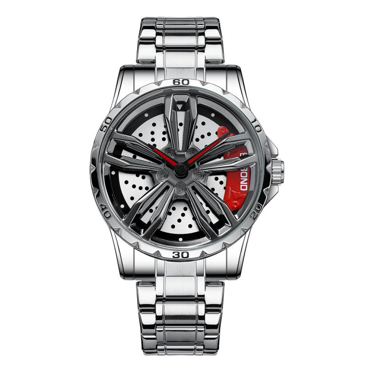 BINBOND D001 3D Hollow Motorcycle Rotating Wheel Watch, Color: White Steel-Red by BINBOND