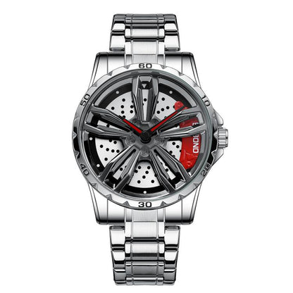 BINBOND D001 3D Hollow Motorcycle Rotating Wheel Watch, Color: White Steel-Red by BINBOND