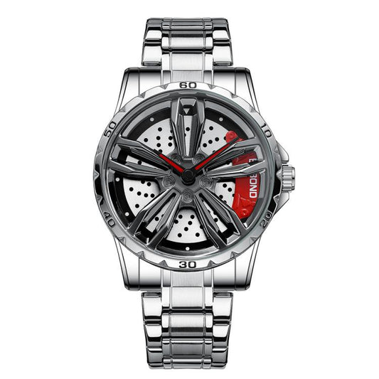 BINBOND D001 3D Hollow Motorcycle Rotating Wheel Watch, Color: White Steel-Red by BINBOND