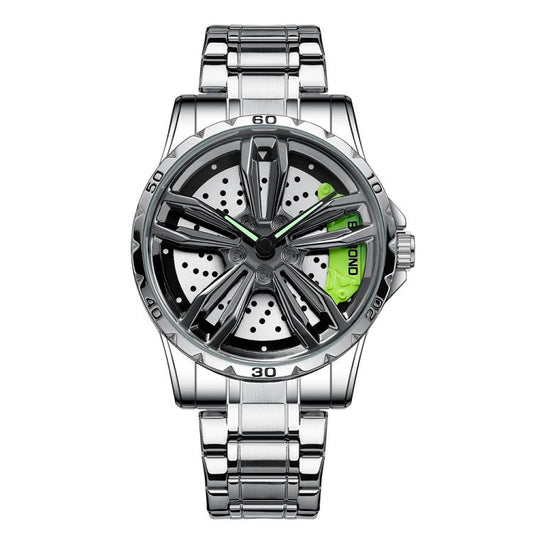 BINBOND D001 3D Hollow Motorcycle Rotating Wheel Watch, Color: White Steel-Green by BINBOND