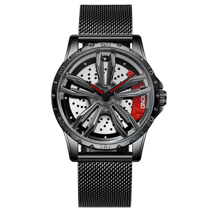 BINBOND D001 3D Hollow Motorcycle Rotating Wheel Watch, Color: Black Net-Black Steel-Red by BINBOND