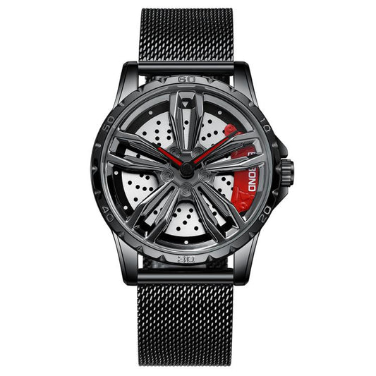 BINBOND D001 3D Hollow Motorcycle Rotating Wheel Watch, Color: Black Net-Black Steel-Red by BINBOND