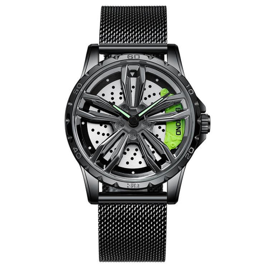 BINBOND D001 3D Hollow Motorcycle Rotating Wheel Watch, Color: Black Net-Black Steel-Green by BINBOND