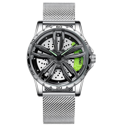 BINBOND D001 3D Hollow Motorcycle Rotating Wheel Watch, Color: White Net-White Steel-Green by BINBOND