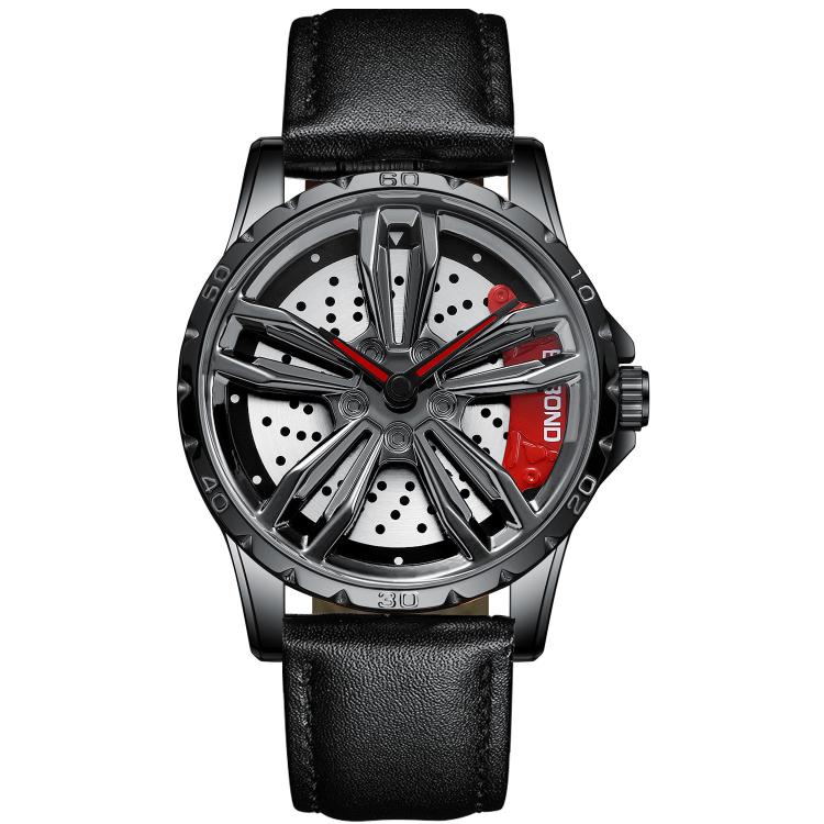 BINBOND D001 3D Hollow Motorcycle Rotating Wheel Watch, Color: Black Leather-Black Steel-Red by BINBOND