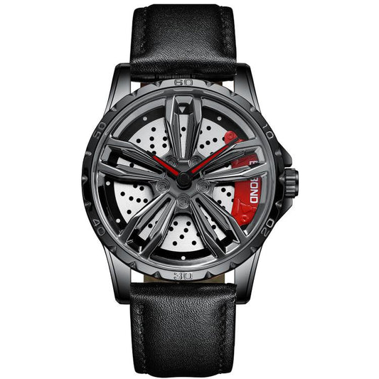 BINBOND D001 3D Hollow Motorcycle Rotating Wheel Watch, Color: Black Leather-Black Steel-Red by BINBOND