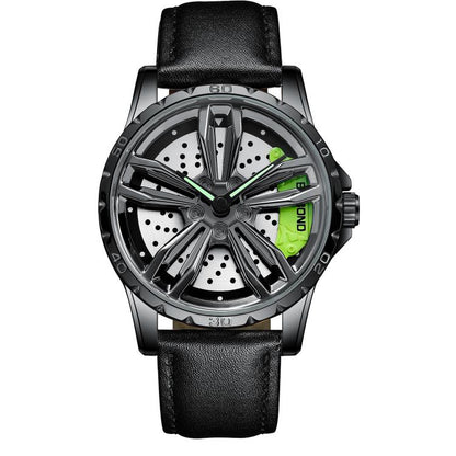 BINBOND D001 3D Hollow Motorcycle Rotating Wheel Watch, Color: Black Leather-Black Steel-Green by BINBOND
