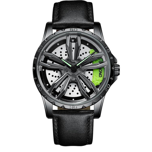BINBOND D001 3D Hollow Motorcycle Rotating Wheel Watch, Color: Black Leather-Black Steel-Green by BINBOND