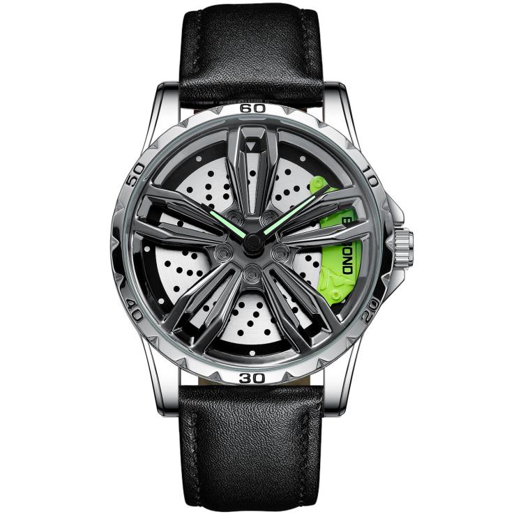 BINBOND D001 3D Hollow Motorcycle Rotating Wheel Watch, Color: Black Leather-White Steel-Green by BINBOND