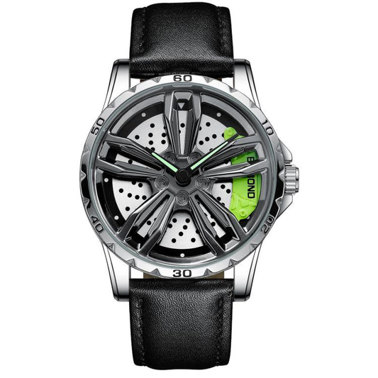 BINBOND D001 3D Hollow Motorcycle Rotating Wheel Watch, Color: Black Leather-White Steel-Green by BINBOND
