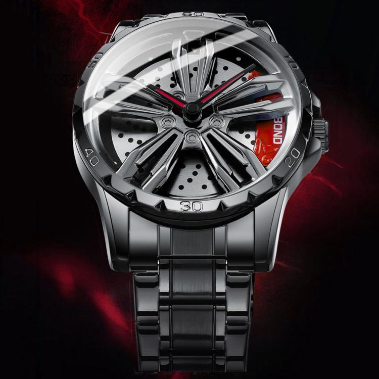 BINBOND D001 3D Hollow Motorcycle Rotating Wheel Watch, Color: Black Steel-Red by BINBOND