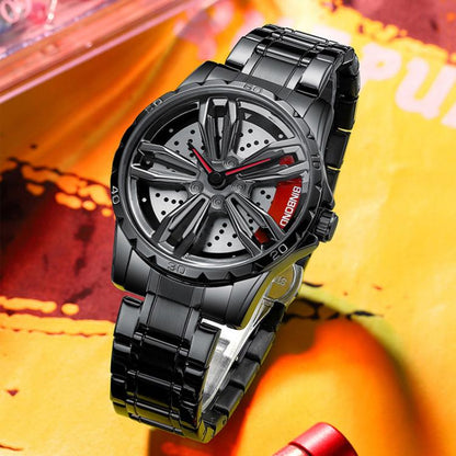 BINBOND D001 3D Hollow Motorcycle Rotating Wheel Watch, Color: Black Leather-Black Steel-Green by BINBOND