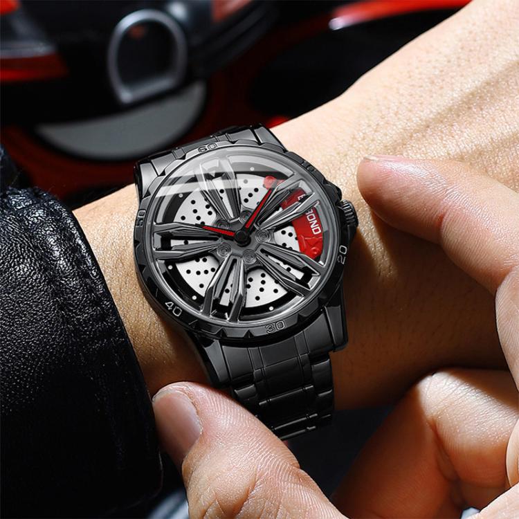 BINBOND D001 3D Hollow Motorcycle Rotating Wheel Watch, Color: White Net-White Steel-Red by BINBOND