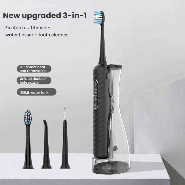 3-in-1 Electric Toothbrush, Water Flosser & Oral Irrigator with 180mL Detachable Tank(Black) by bashfashion