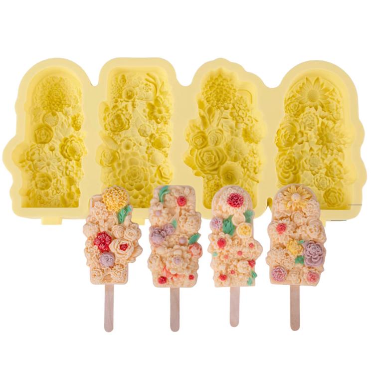 4 Grids Flower Ice Cream Silicone Mold Home Use Food-Grade Ice Pop Mold(Yellow) by bashfashion