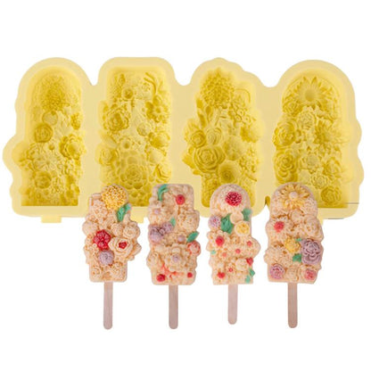 4 Grids Flower Ice Cream Silicone Mold Home Use Food-Grade Ice Pop Mold(Yellow) by bashfashion