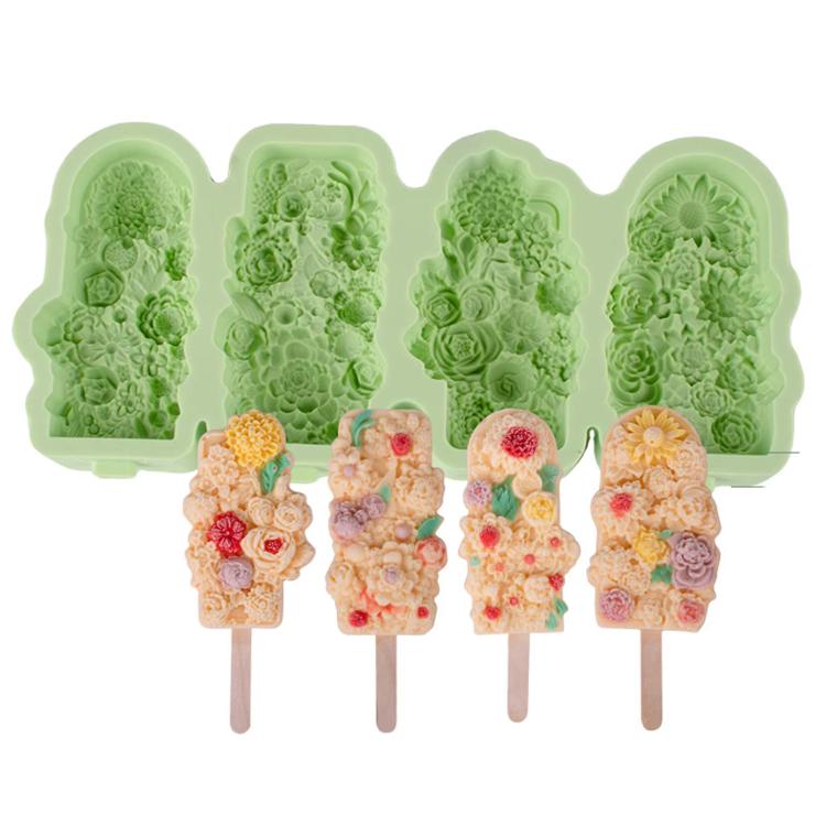 4 Grids Flower Ice Cream Silicone Mold Home Use Food-Grade Ice Pop Mold(Green) by bashfashion
