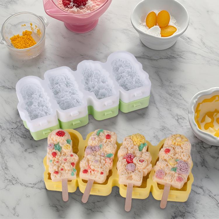 4 Grids Flower Ice Cream Silicone Mold Home Use Food-Grade Ice Pop Mold(Yellow) by bashfashion