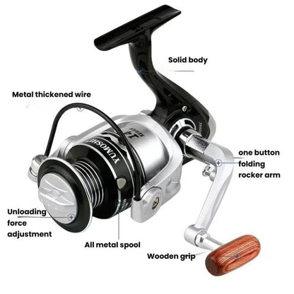 YUMOSHI OE3000 YUMOSHI Metal Spool Spinning Fishing Reel with 5.2:1 Gear Ratio, Foldable Handle & Wooden Grip by YUMOSHI