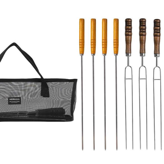 NOBANA Outdoor BBQ Grilling Fork Portable Stainless Steel Wooden Handle Grilling Skewer With Storage Bag, Spec: 7pcs /Set Black by NOBANA