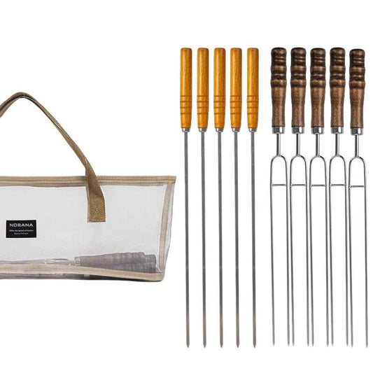 NOBANA Outdoor BBQ Grilling Fork Portable Stainless Steel Wooden Handle Grilling Skewer With Storage Bag, Spec: 10pcs /Set White by NOBANA