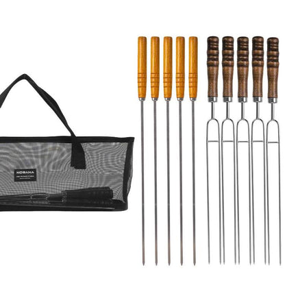 NOBANA Outdoor BBQ Grilling Fork Portable Stainless Steel Wooden Handle Grilling Skewer With Storage Bag, Spec: 10pcs /Set Black by NOBANA