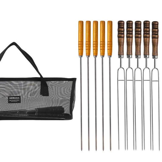 NOBANA Outdoor BBQ Grilling Fork Portable Stainless Steel Wooden Handle Grilling Skewer With Storage Bag, Spec: 10pcs /Set Black by NOBANA