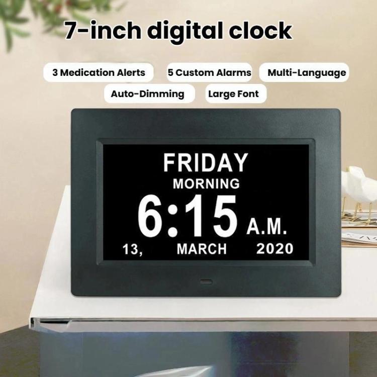 7-inch Digital Frame Calendar Day Clock With 3 Medication Alerts, 5 Custom Alarms, Multi-Language Support AU Plug Black by bashfashion