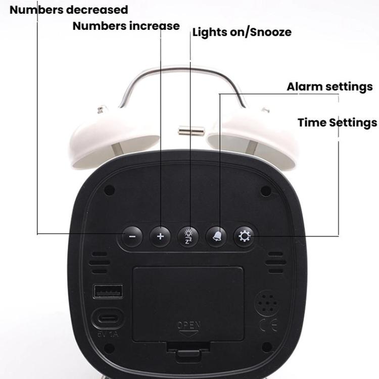 Loud Metal Powerful Ringing Clock LED Multifunction Clock, Color: White Shell Red Light by bashfashion