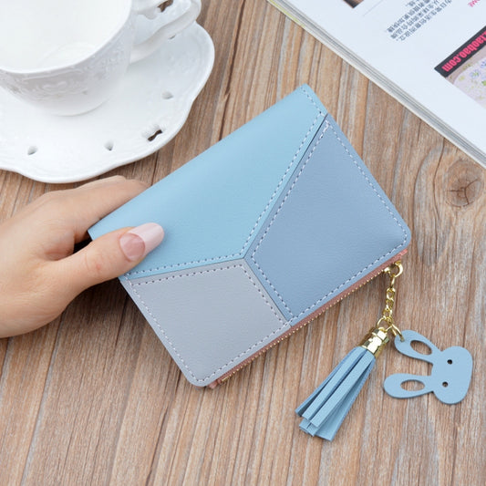 Short Leather Women Zipper Purse Panelled Wallets Trendy Coin Purse(Blue) by bashfashion