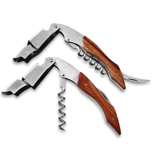 2 PCS Wood Handle Professional Multifunction Double Steel Head Portable Screw Corkscrew Wine Bottle Opener by bashfashion