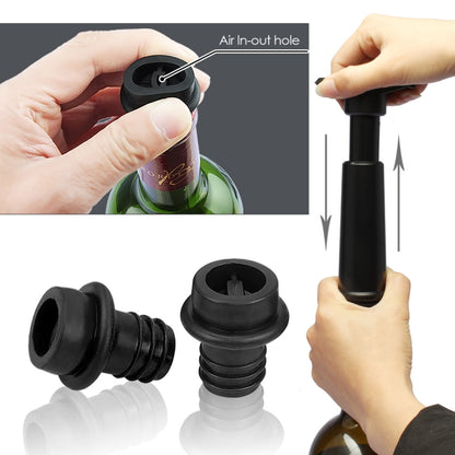 Red Wine Vacuum Pump Freshener Silicone Wine Stopper Set, Specification:Black Pump 2 Stoppers (Box) by bashfashion