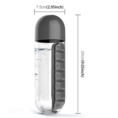 600ML Plastic Water Bottle with Daily Pill Box Organizer Drinking Bottles(Black) by bashfashion
