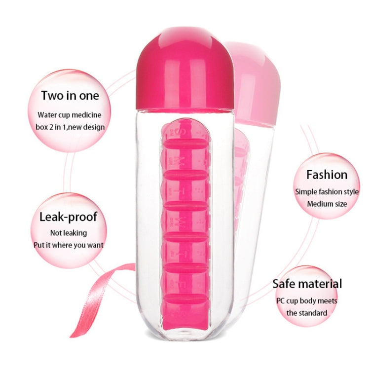 600ML Plastic Water Bottle with Daily Pill Box Organizer Drinking Bottles(Black) by bashfashion