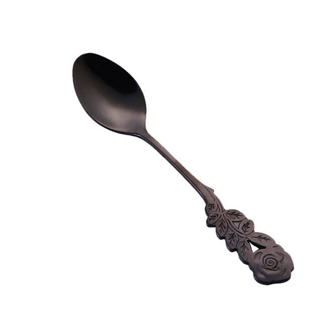Small Mini Stainless Steel Rose Flower Coffee Spoon Strring Spoon Teaspoon Tea Spoon Dessert Spoon Long Handle Tableware(Black Gold) by bashfashion