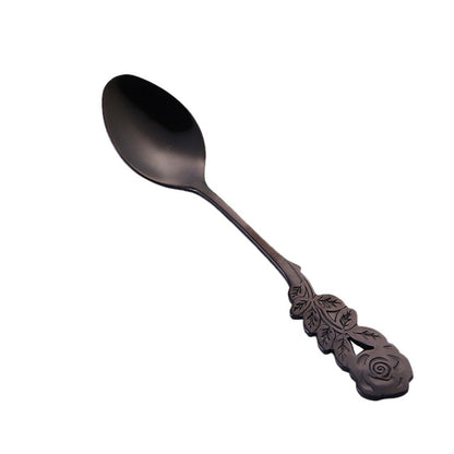 Small Mini Stainless Steel Rose Flower Coffee Spoon Strring Spoon Teaspoon Tea Spoon Dessert Spoon Long Handle Tableware(Black Gold) by bashfashion
