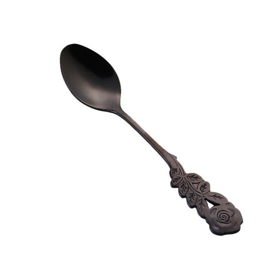 Small Mini Stainless Steel Rose Flower Coffee Spoon Strring Spoon Teaspoon Tea Spoon Dessert Spoon Long Handle Tableware(Black Gold) by bashfashion