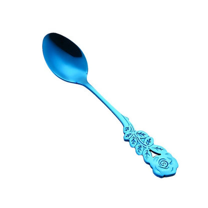 Small Mini Stainless Steel Rose Flower Coffee Spoon Strring Spoon Teaspoon Tea Spoon Dessert Spoon Long Handle Tableware(Blue) by bashfashion